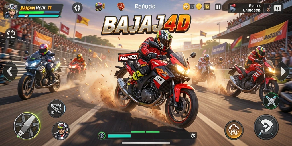 Tampilan gameplay seru dalam BAJAJ4D saat balapan motor.