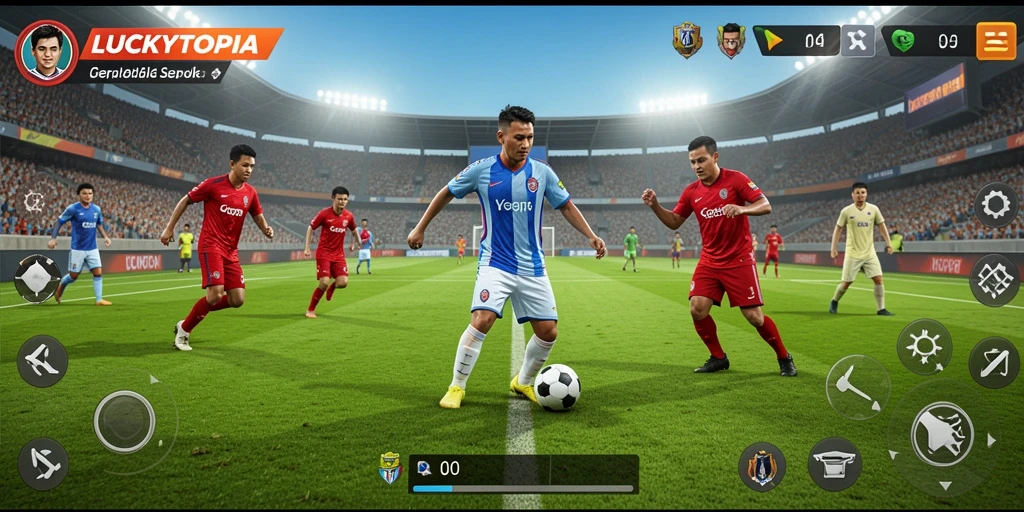 Screenshot LUCKYTOPIA menampilkan aksi seru dalam permainan sepak bola.
