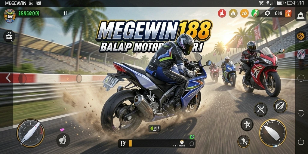 Gameplay seru MEGEWIN188 dengan berbagai trek balap motor.